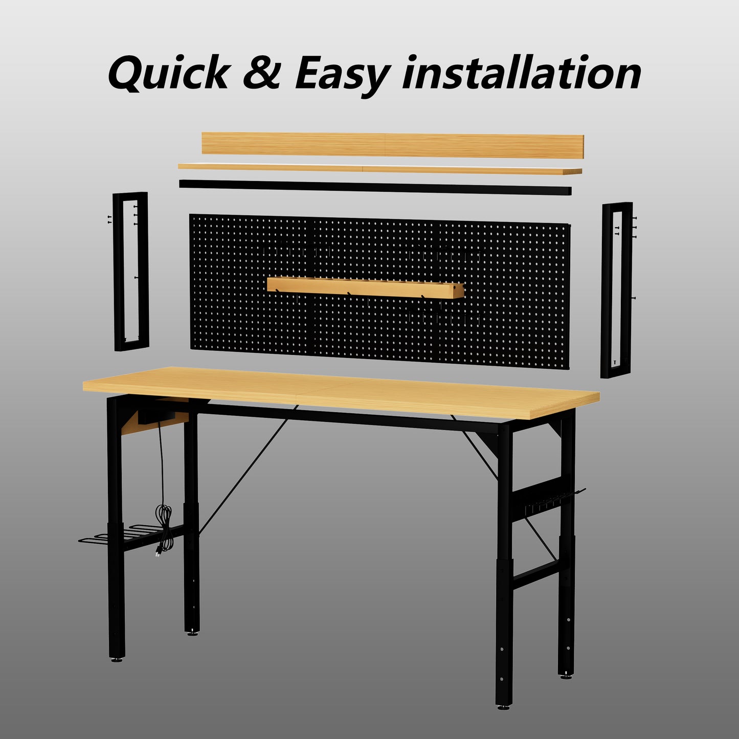 71 Adjustable Workbench With Pegboard, Heavy Duty Wooden Desktop Workbench With Wheels, 1600 Lb. Load Capacity, Rolling Workbench With AC USB Outlet, Hooks, Shelf, For Garage, Workshop, Office, Home.