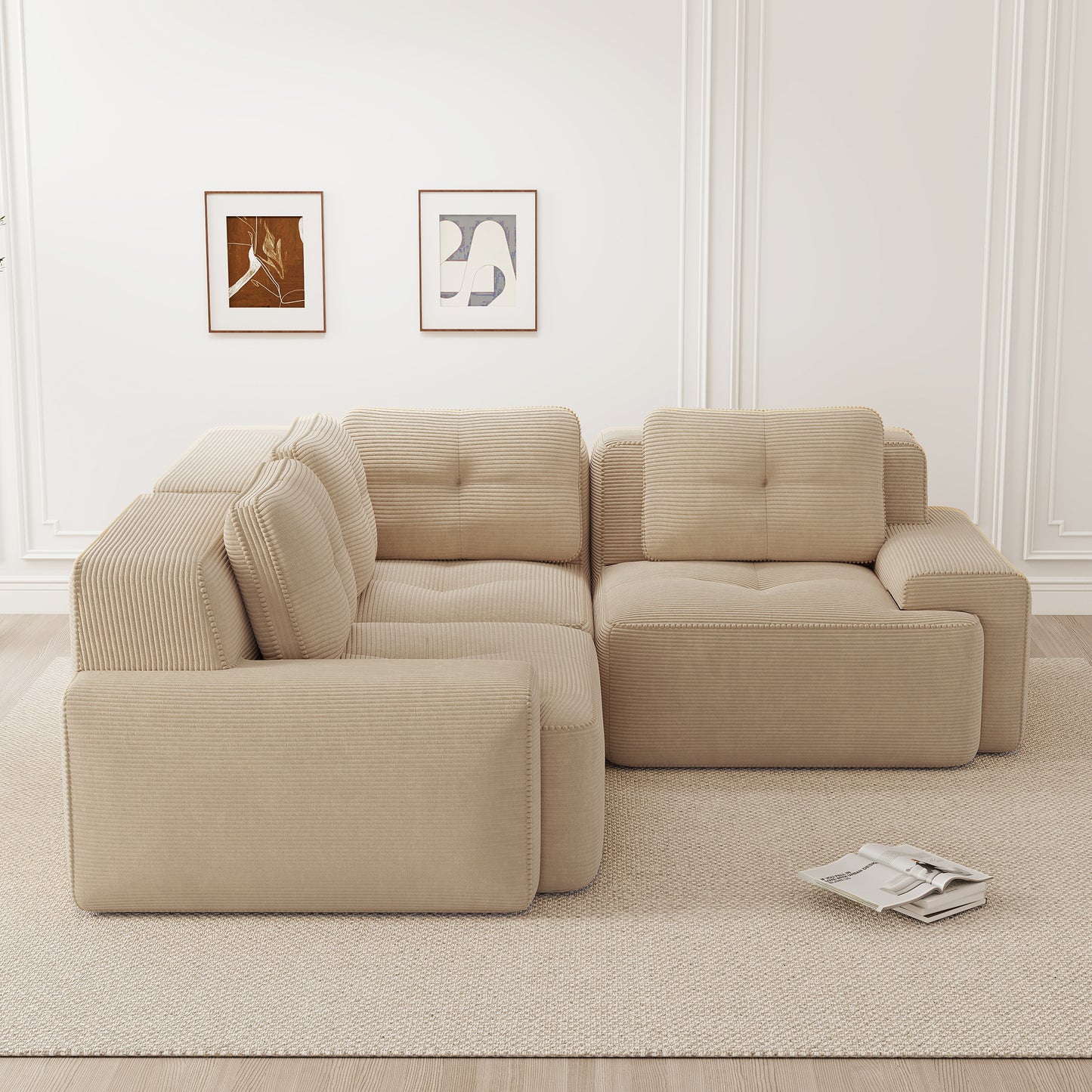 Frameless Sofa For Living Room, Office Sofa, Modular Combination Sofa, Comfortable Upholstered Low Seat Sofa In Corduroy, No Assembly Required, Non-slip Design.Beige