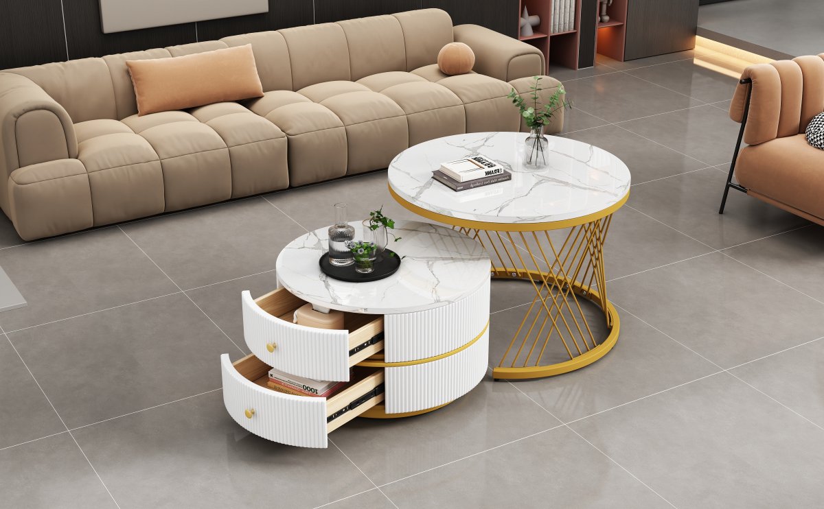 High Gloss Round Nesting Coffee Table With Marble Top, End Table, White & Black Nesting Coffee Table Set Of 2 Center Table With Storage Drawers For Living Room
