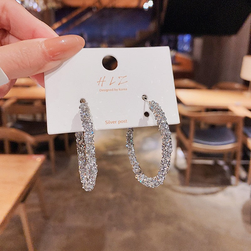 Sterling Silver C Shape CZ Diamond Geometric Earrings Women Premium Unique Design Hoop