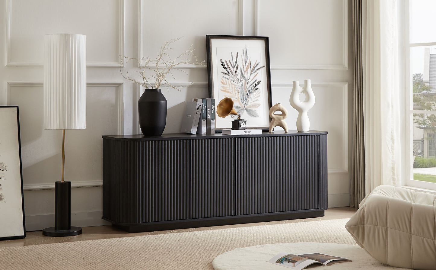 Sideboard, TV Stand With Wave Pattern, Buffet Cabinet, Wooden Cabinet With Vertical Stripes For Kitchen, Bedroom And Hallway. Black, 162.5cmx38cmx61cm