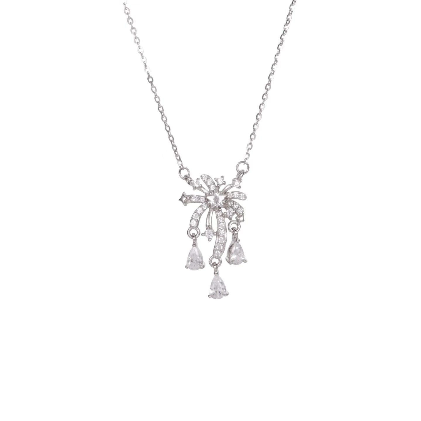 1pcs 999 Sterling Silver Fireworks Teardrop CZ Necklace, Luxury Delicate Style, Ideal For Birthday & Holiday Gifts