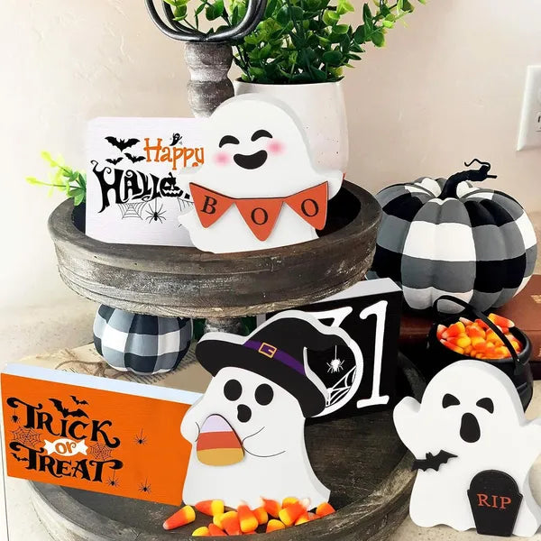 Cute Ghost Halloween Decorations Indoor, Wooden Tiered Tray Decor Table Sign Set Of 3, Black Cat Bat Witch Broom Signs Pumpkin Blocks For Party Home Shelf Display