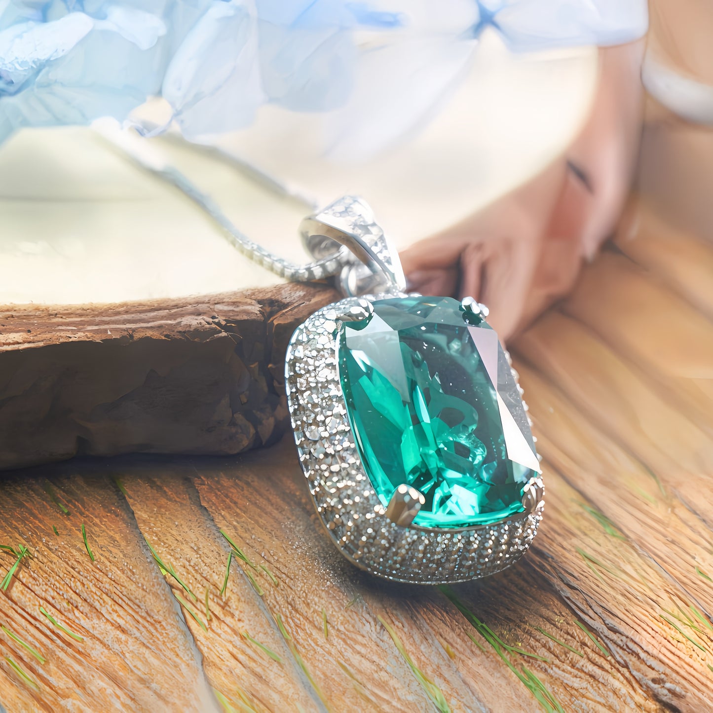 Cushion Cut Emerald Green CZ Halo Pendant Necklace For Women, Copper Plated Silver White Cubic Zirconia Halo Statement Wedding Bridal Jewelry Gift