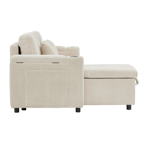 3 In 1 Convertible Corduroy Sofa Bed With Storage Chaise, L Shaped Sleeper Sofa Couches With Armrest Storage And Charging Station. Pullout Sectional Daybed For Living RoomBedroomOffice, Grey