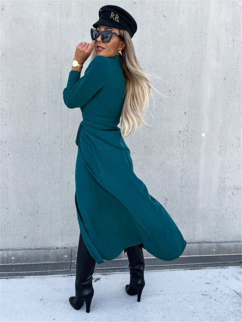 Women's Elegant Lapel Collar Long Sleeve Button Down Belted Shirt Dress, Casual Maxi Dresses With Slit For Office & Daily Wear