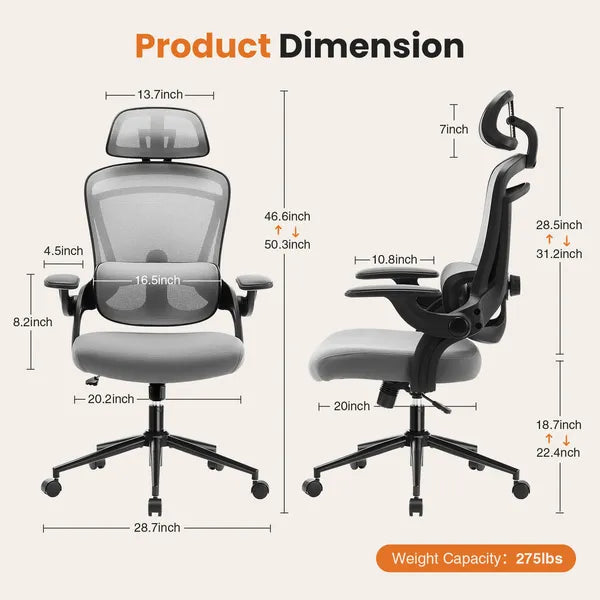 High Back Desk Chair With Adjustable Lumbar Support & Headrest,Comfortable Mesh Computer Chair With Soft Flip Up Arms, Adjustable Height And 120'Tilt
