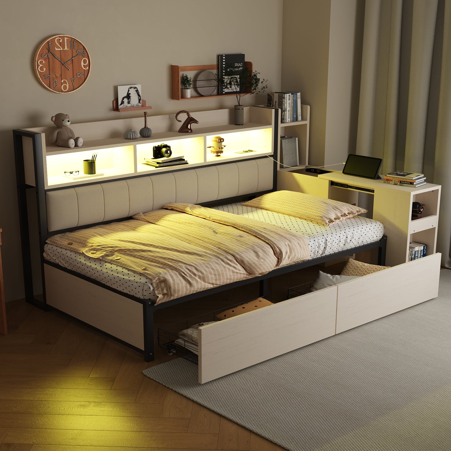 Iron Sofa Bed 90 X 200 Cm, With Versatile Storage Compartments & Lockers, Multifunctional Sockets & LED Lighting, Complete With Large Drawers And A Pull-out Desk, White