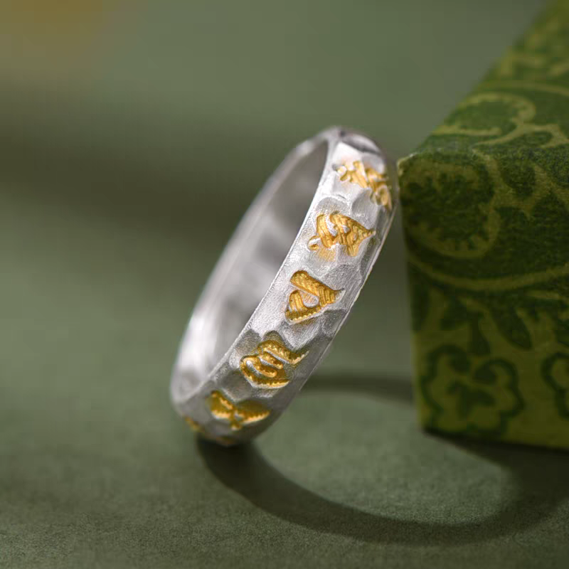 1pc 999 Sterling Silver Hammered Gold-plated Mantra Open Ring, Retro Zen Style, Perfect For Daily Wear & Valentine's Day Gift