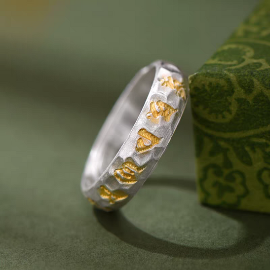 1pc 999 Sterling Silver Hammered Gold-plated Mantra Open Ring, Retro Zen Style, Perfect For Daily Wear & Valentine's Day Gift