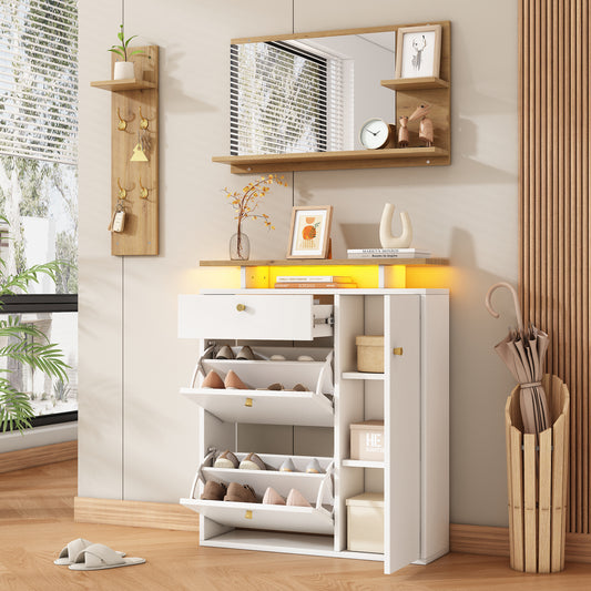 Hallway Coat Rack Set, 3-piece With Mirror, Hat Shelf And Shoe Cabinet Coat Rack With LED Lighting, 4 Coat Hooks, In Natural And White, Dimensions 105 X 25 X 151.5 Cm