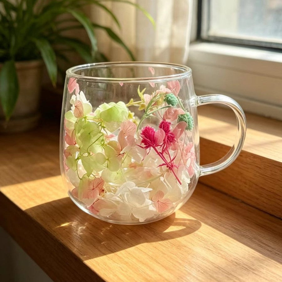 High-borosilicate Glass Tea Cup Internet-famous Double Layer Design With Real Flowers Inside
