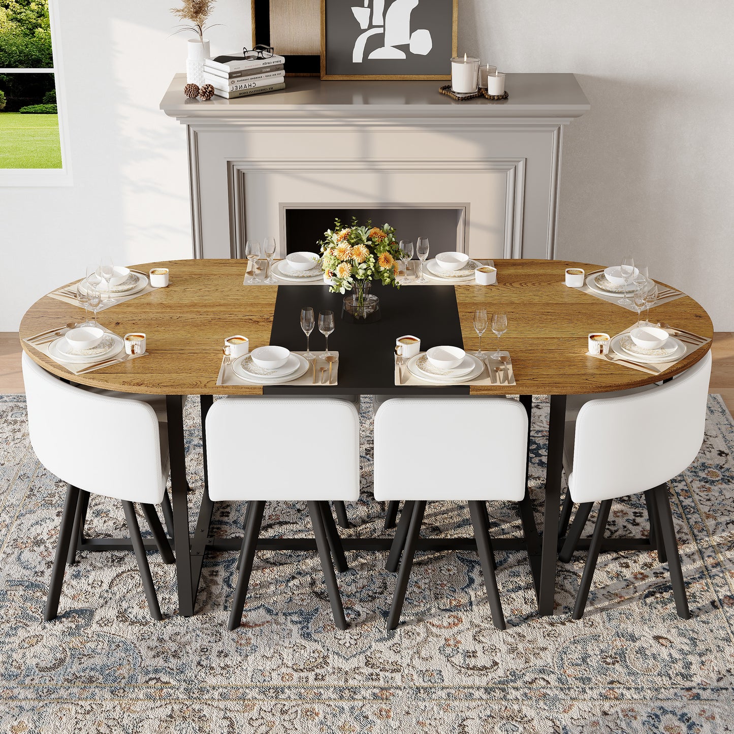 9-Piece Oval Dining Table Set, Fixed Two-Tone Wood Grain & Black Wood Grain Triamine Tabletop With 8 White PU Leather Chairs, Modern Kitchen Table Set For 8 People, Ideal For Family Gatherings
