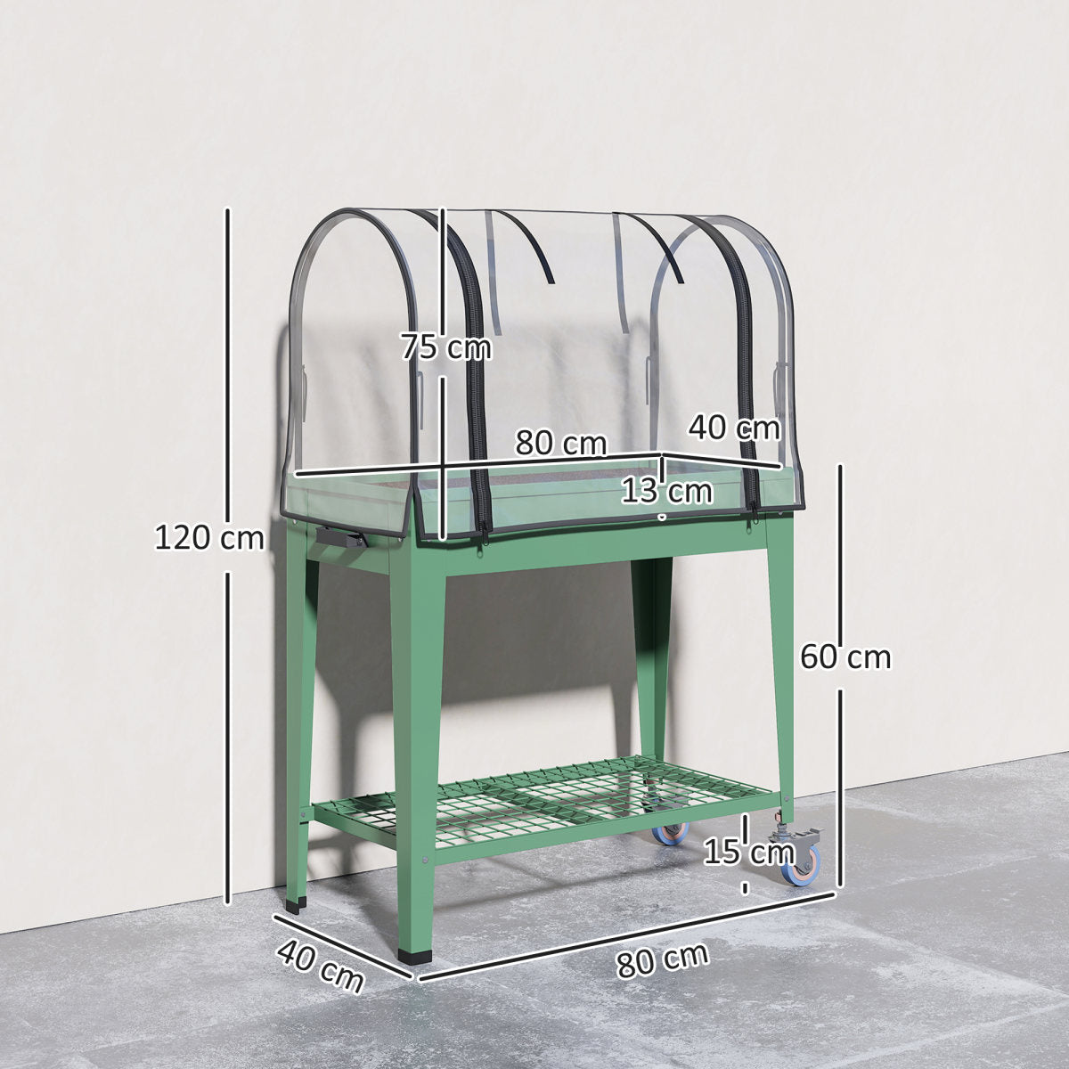 Raised Planter With Greenhouse Cover, Mobile Elevated Garden Bed With Wheels And Bottom Shelf For Vegetables, Green