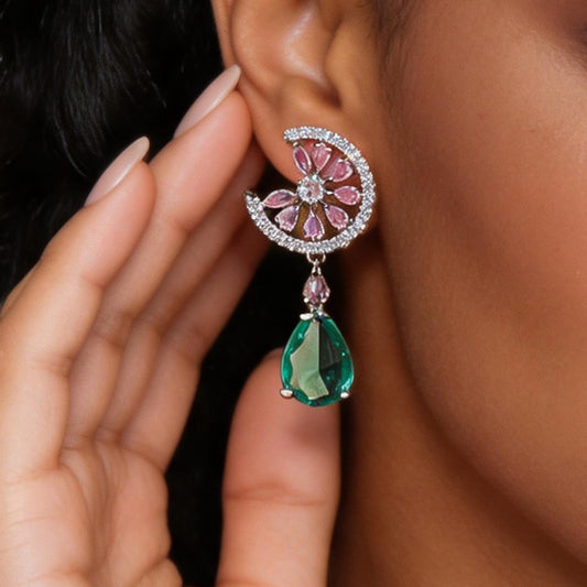 Silver Needle Light Luxury Moon Colored CZ Drop Earrings, High-End Fashion Versatile Accessories, Dopamine Petal Niche Design Ear Jewelry For Women