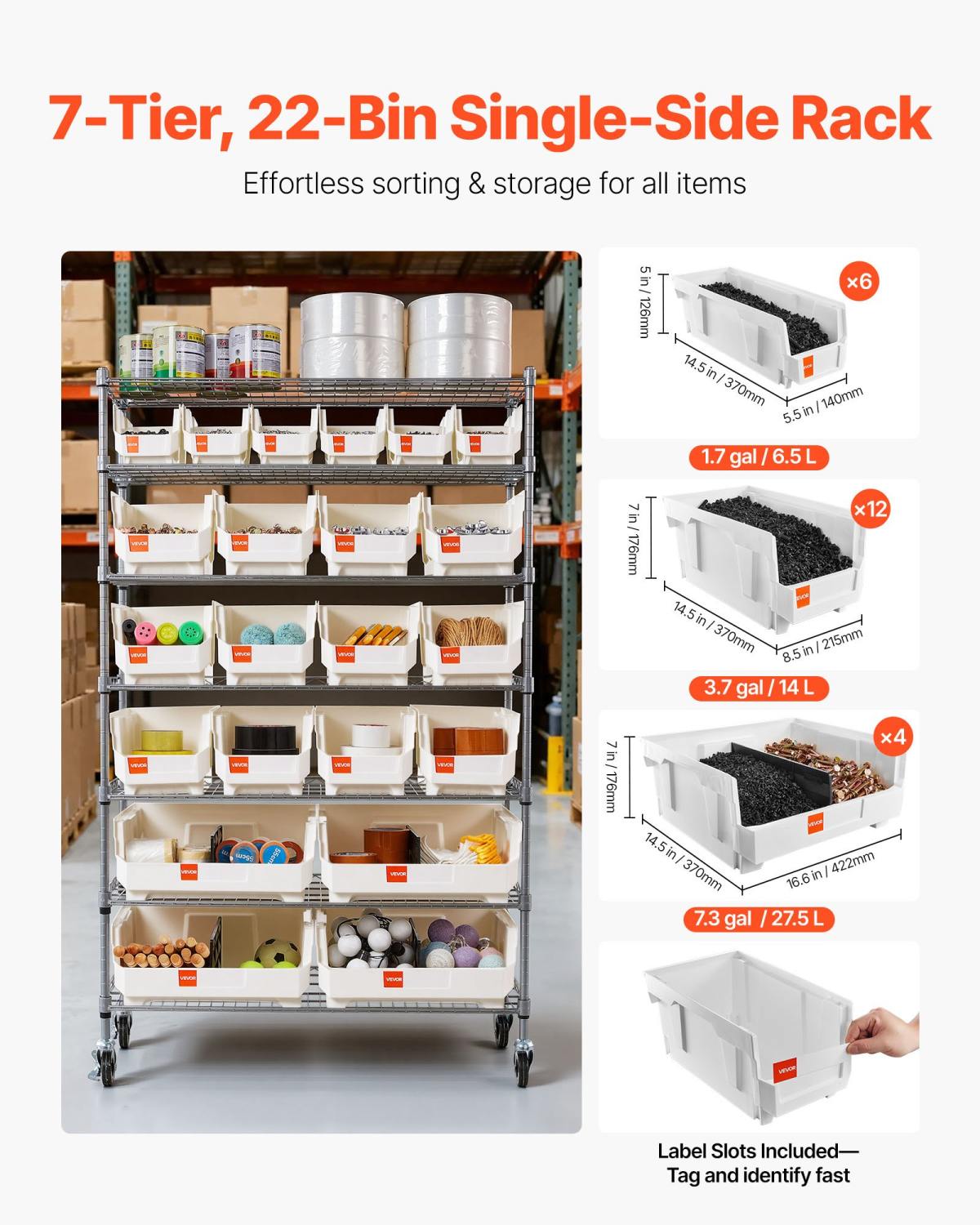 7-Tier Rolling Bin Storage Rack, 22 Organizer Bins, Bin Rack Storage Steel Wire Shelving System With Wheels, Mobile Tool Organizer For Garage, Warehouse, Office, Restaurant, Classroom, Kitchen