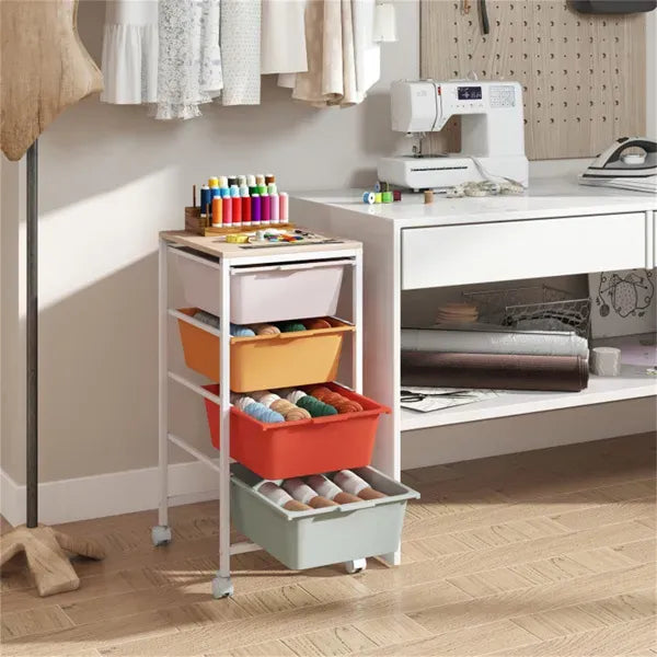 4-Drawer Rolling Storage Cart, Mobile Utility Organizer With MDF Wooden Top (Macaron)