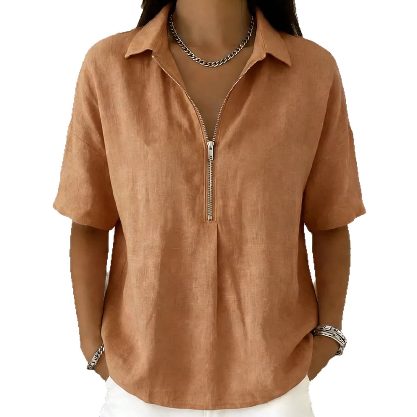 Womens Fashion Solid-color Zip-up Short-sleeve T-shirt