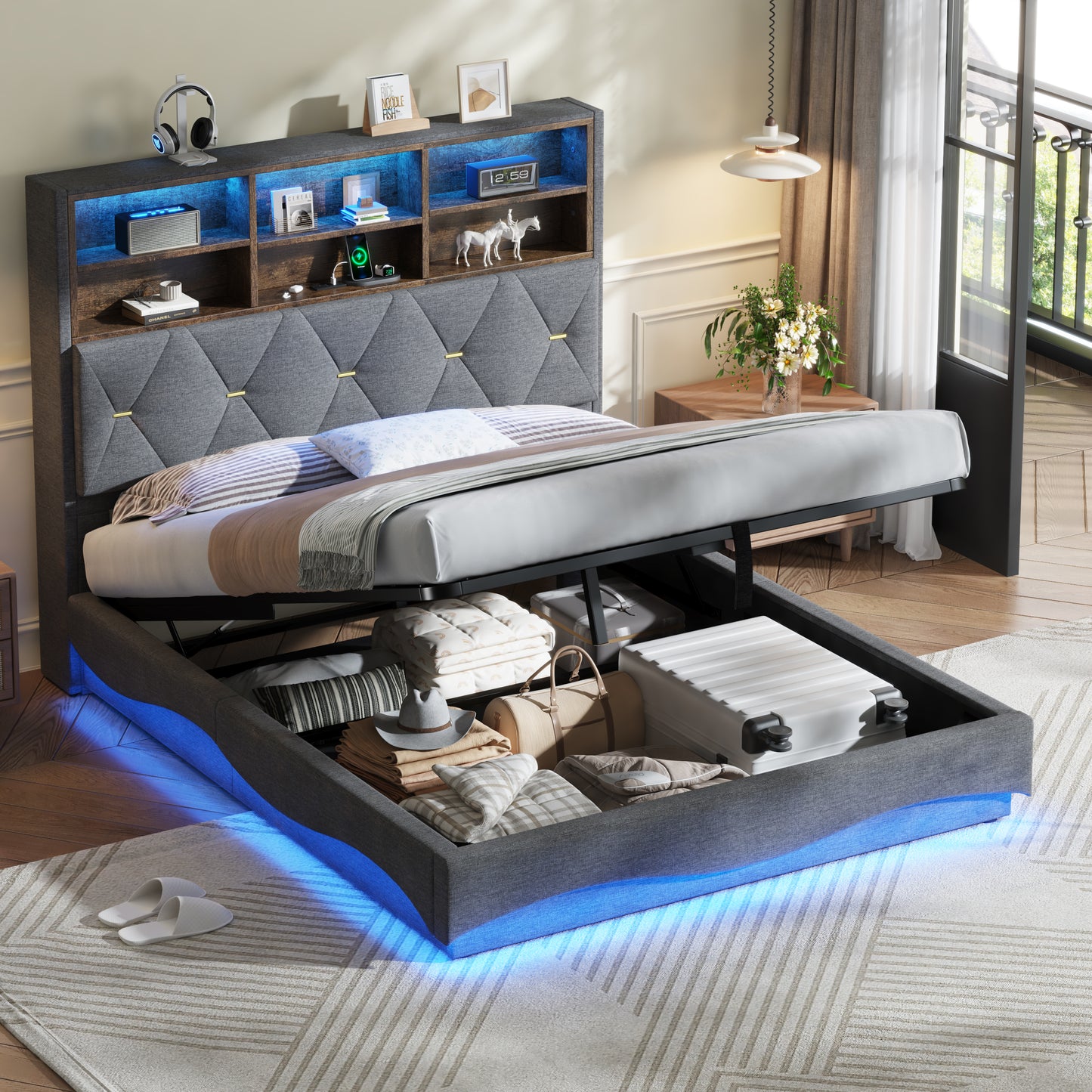 4ft6 Double Upholstered Bed Frame With Hydraulic Storage, Wavy LED Heightened Headboard With Charging Station, USB And Type - C Ports, Linen, No Box Spring Needed, Grey  No Mattress