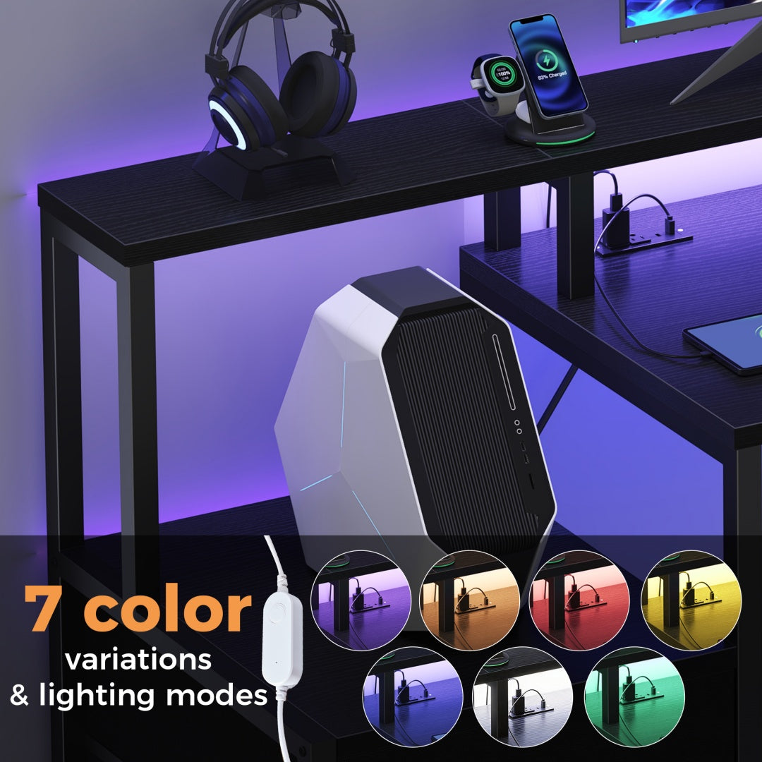 67-inch Computer Desk, Equipped With 5 Drawers And A Monitor Stand. The Gaming Table Comes With LED Lights And Power Sockets. The Printer Cabinet.