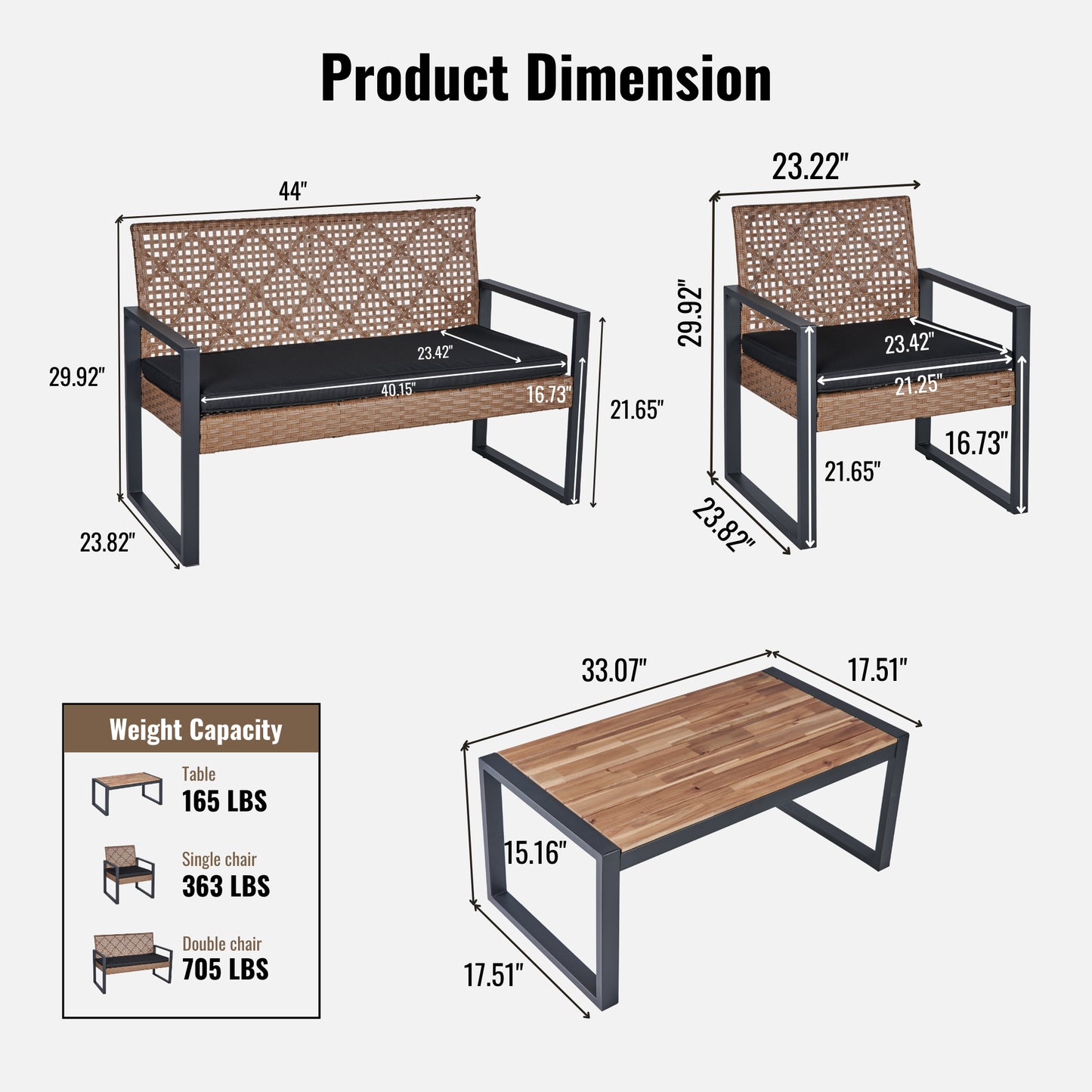 4-Piece Patio Furniture Set Outdoor Balcony Porch Garden Backyard Lawn Furniture Acacia Wood Table Top, Morden Black And Light Brown