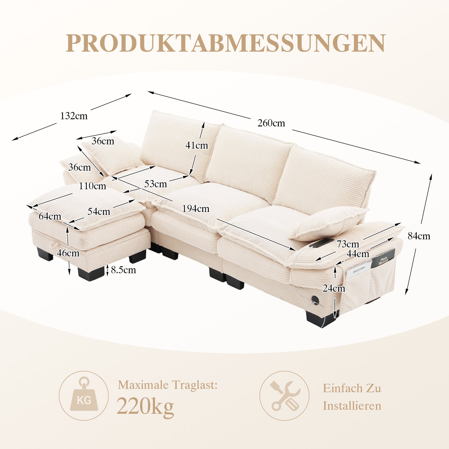 Modular 3-seater Corduroy Sofa  With 1 Stool Wide Seat, Ergonomic Design, High-density Foam Padding, USB-C Port And Side Pockets. Ideal For Living Room, Office Or Lounge.Beige