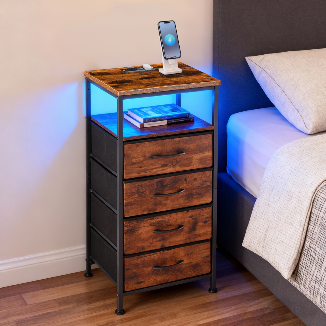 Nightstand With Charging Station, Bedside End Table With 5 Fabric Drawers & USB-Type-C Ports And Outlets