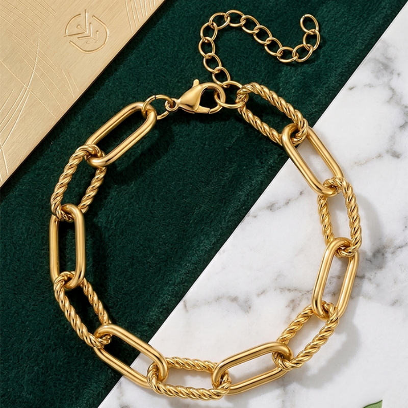 2Pcs Chunky Paperclip Chain Jewelry Set For Women, 18K Gold Plated Stainless Steel Thick Twist Rope Link Necklace Bracelet Combo, Statement Gift Set