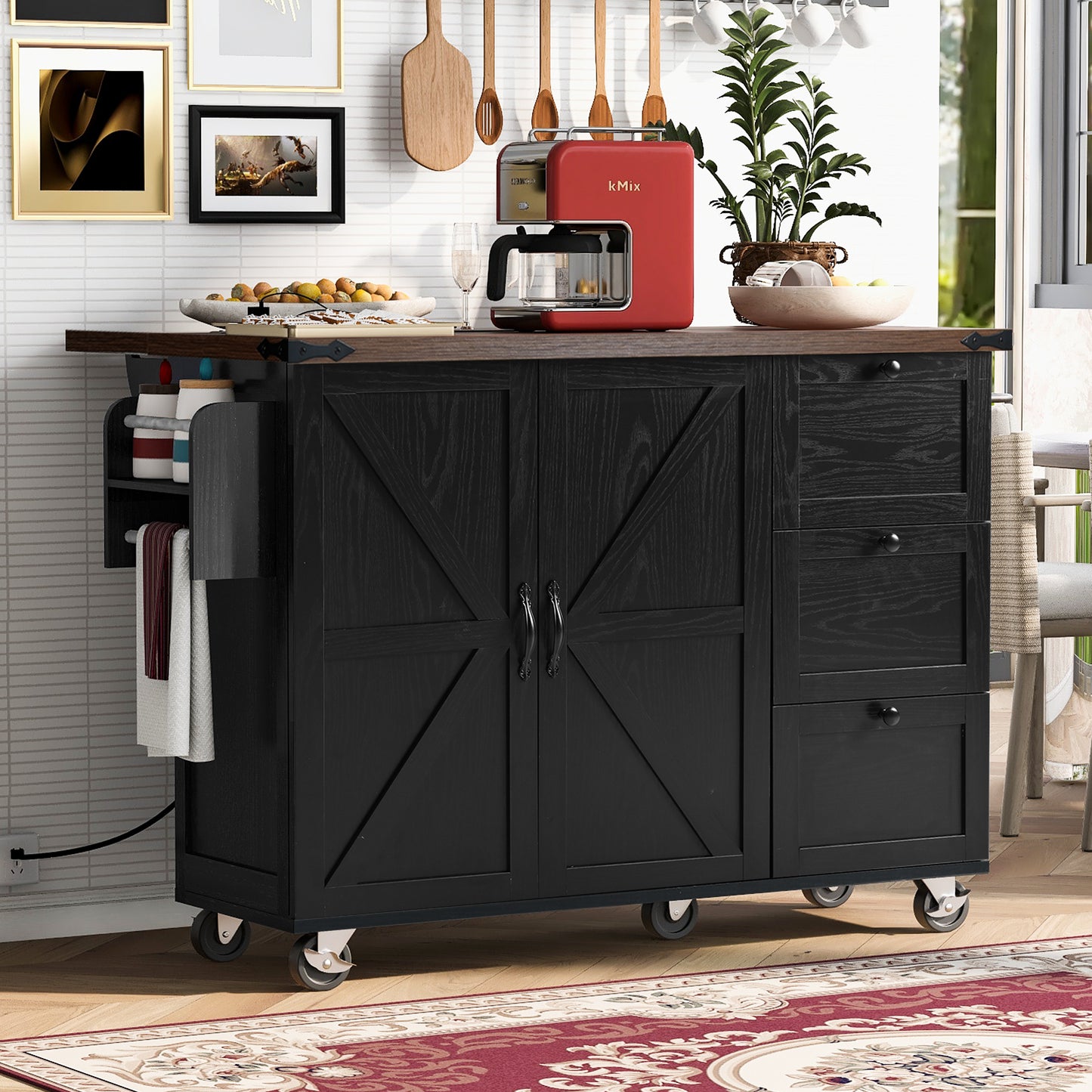 54.5 Farmhouse Kitchen Island With Power Outlet,Kitchen Storage Island With Internal Storage Rack,Drop Leaf,Spice Rack,Rolling Kitchen Cart On Wheels,for Home,Kitchen And Dining Room,Black
