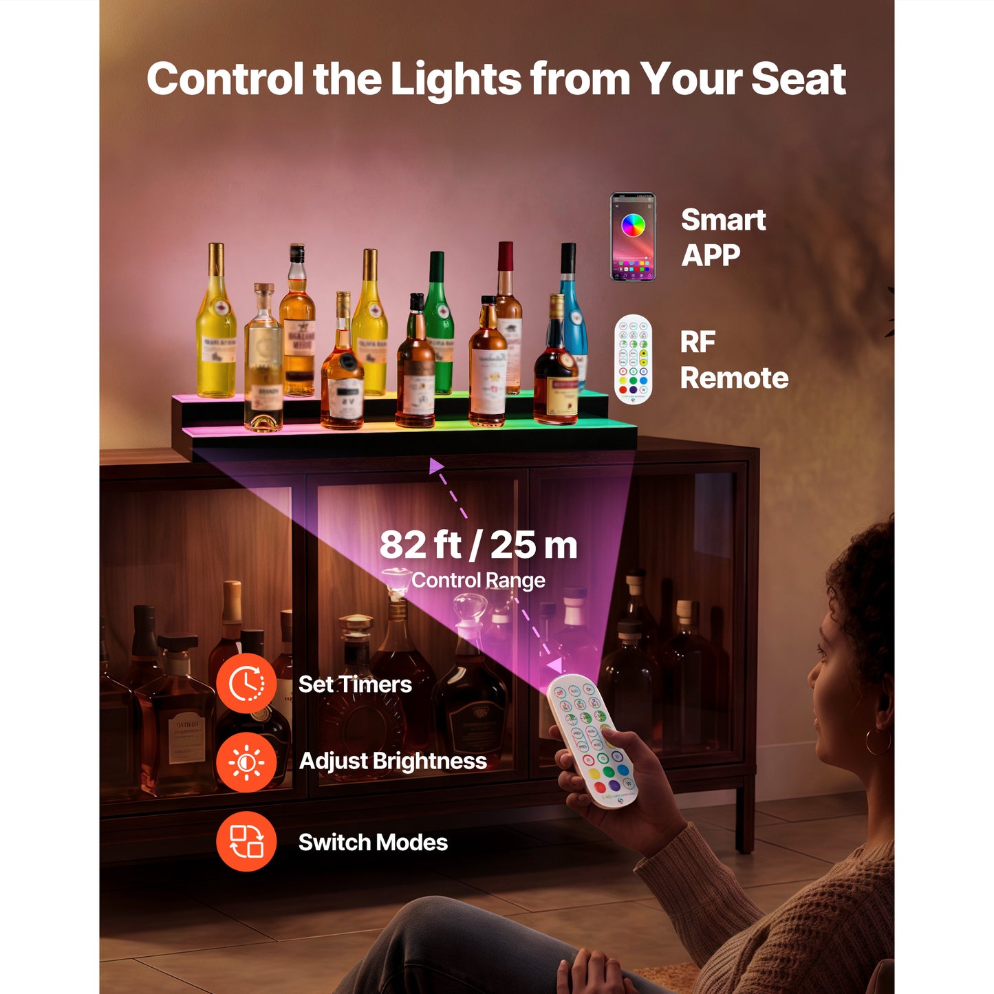 LED Lighted Liquor Bottle Display, 2 Tiers 40 Inches, Supports USB, Acrylic Illuminated Home Bar Shelf Display With RF Remote & App Control, 9 Static Colors, Timing Mode, For 20-28 Bottles