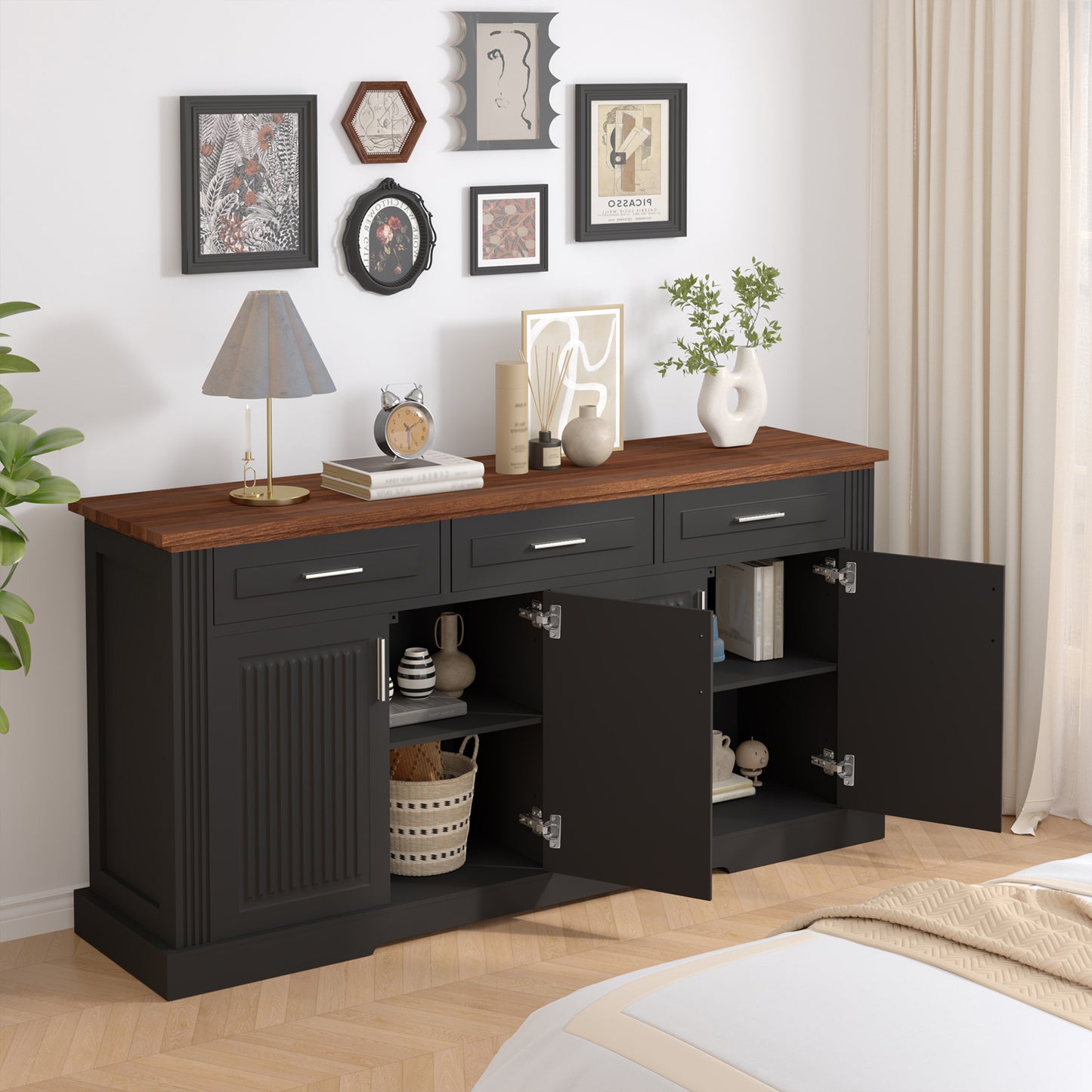 63  Fluted Sideboard Buffet Cabinet With Storage, Modern Coffee Bar Station With 4 Doors And 3 Drawers, Wood Kitchen Storage Console Table For Living Room Dining Room Entryway, Black
