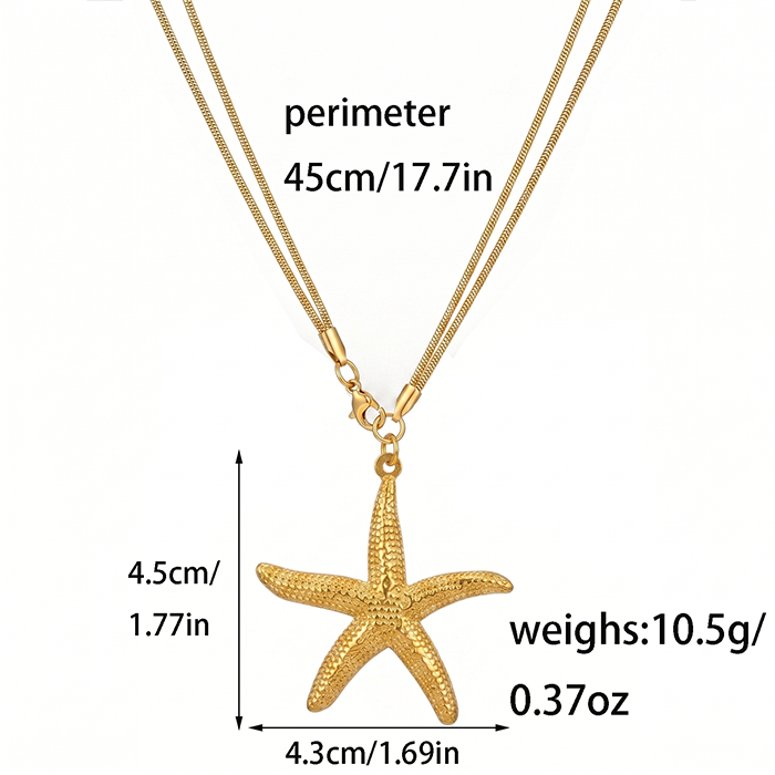 Double Layer Starfish Pendant Necklace For Women, 18K Gold Plated Stainless Steel Snake Chain Choker, Summer Beach Vacation Jewelry Gift