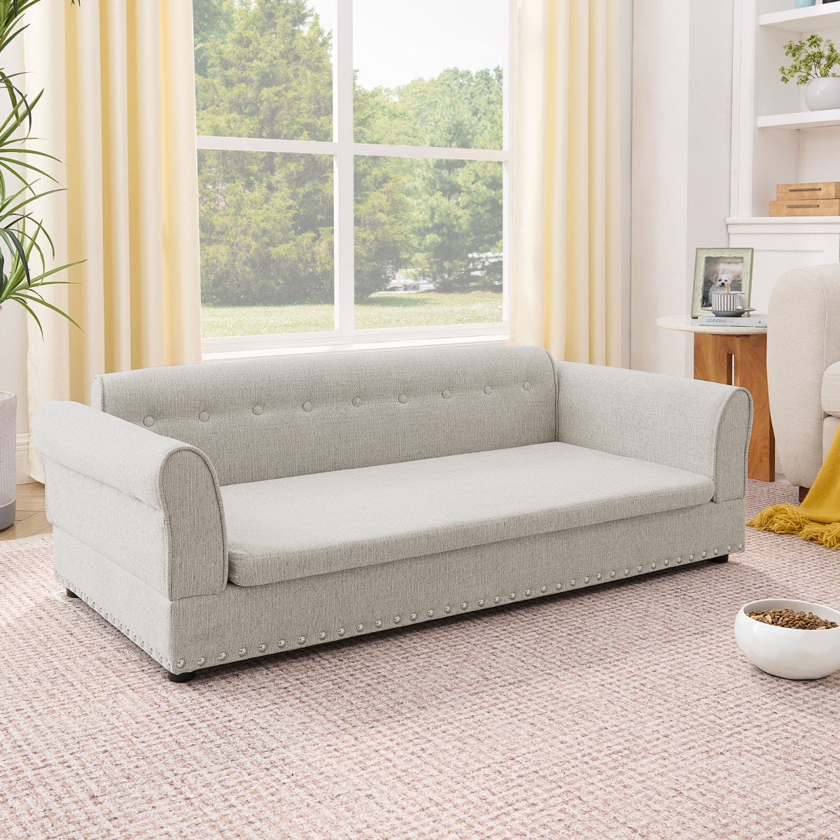 Oversized Pet Sofa ,Elegant Modern Linen Fabric Elevated Dog Sofa Bed, Comfortable Oversized Rectangular Pet Bed With Backrest & Armrest For Large & Oversized Dogs-Beige