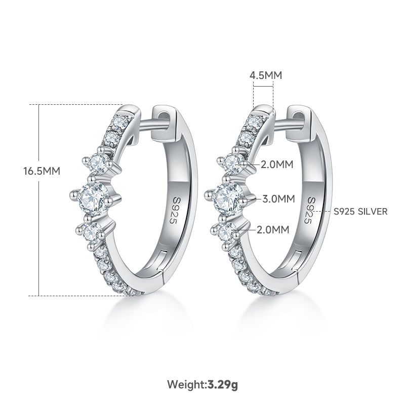 3.3g S925 Sterling Silver 0.52CT Moissanite Huggie Hoop Earrings  16.5mm Minimalist 3-Stone Dangle With GRA Certificate, Platinum Plated Jewelry Gift Box Set For Women