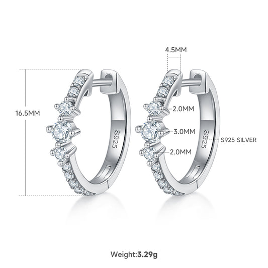 3.3g S925 Sterling Silver 0.52CT Moissanite Huggie Hoop Earrings  16.5mm Minimalist 3-Stone Dangle With GRA Certificate, Platinum Plated Jewelry Gift Box Set For Women