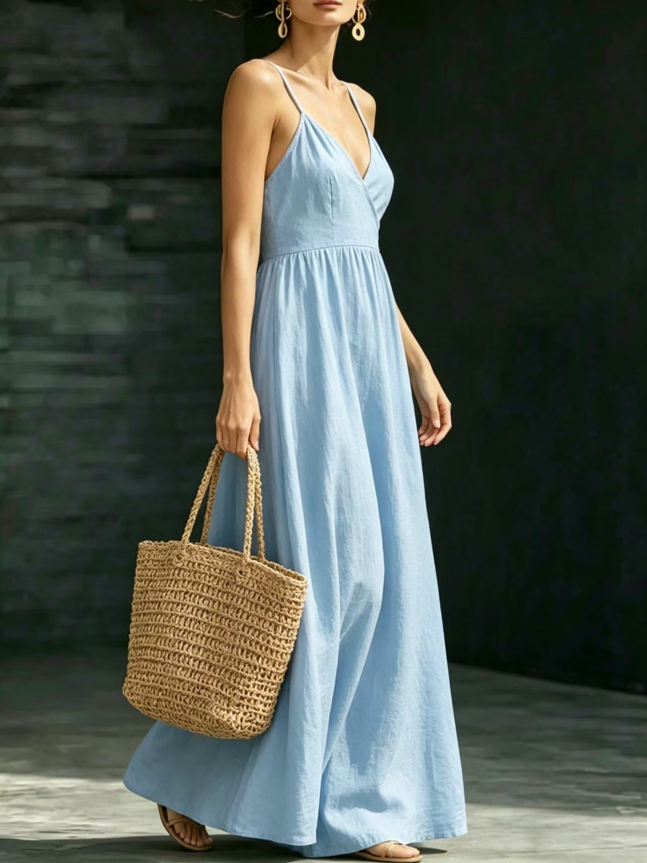 Summer V-Neck Spaghetti Strap Maxi Dress With Pockets - Elegant Vacation & Office Wear For Women