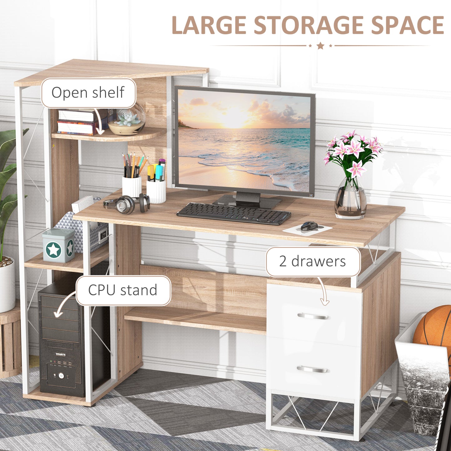 Computer Desk With Drawers And Bookshelf, Writing Desk For Home Office With Storage Shelves, Study Workstation, Oak