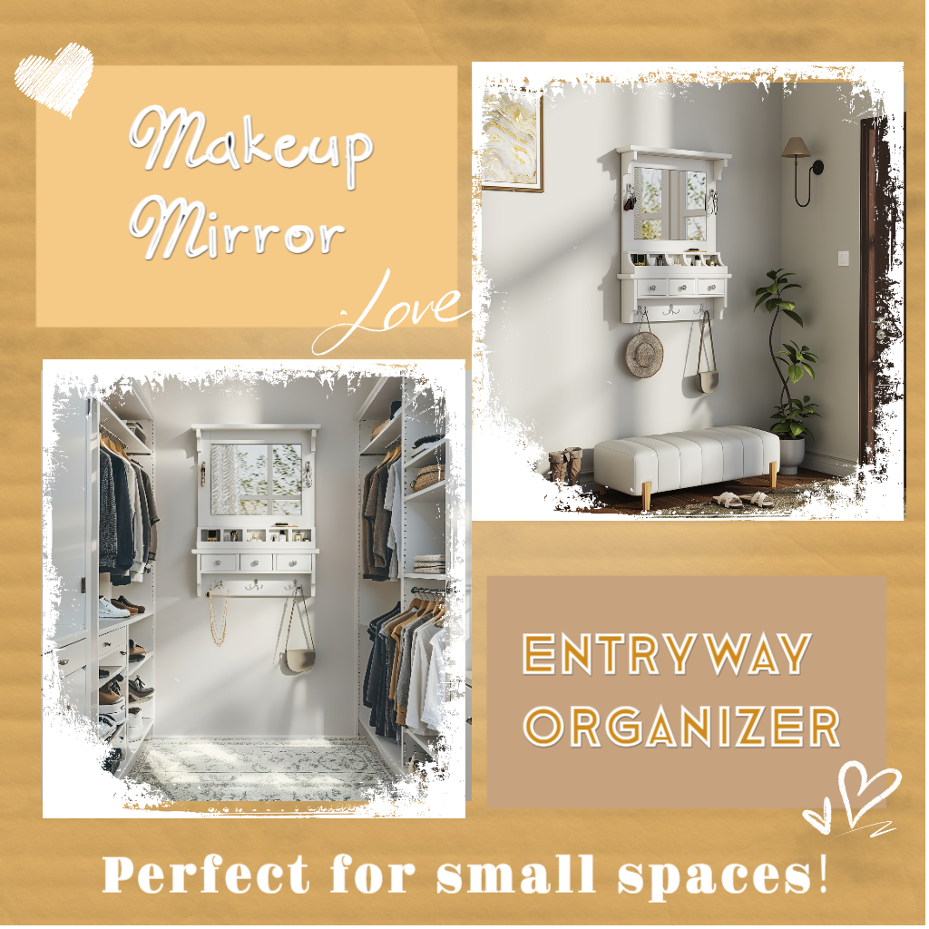Floating Makeup Vanity With Big Mirror, Wall-Mounted Storage Vanity With Drawers, Pockets & Hooks, Space-Saving Decorative Home Organizer For Small Space, White