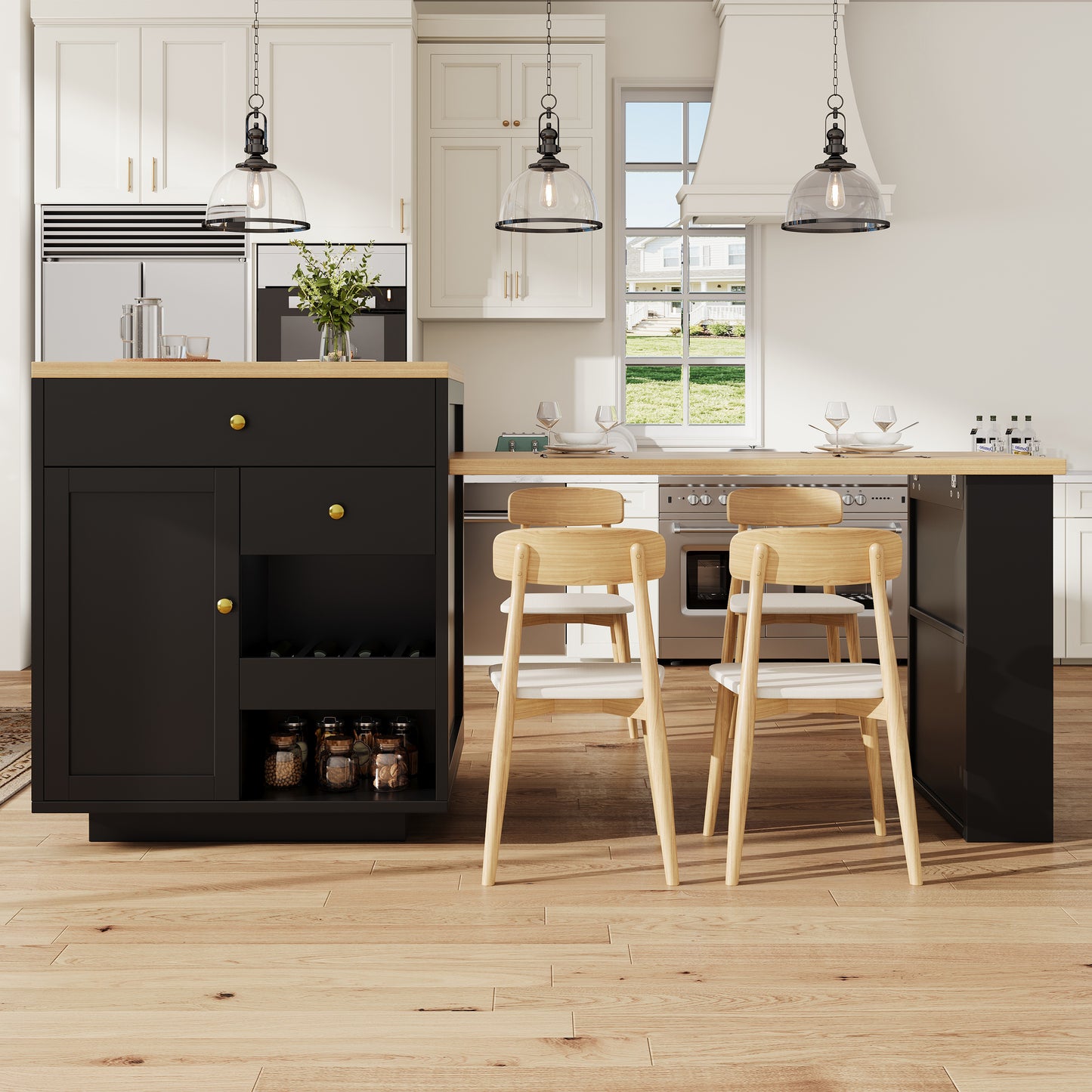 Extendable Bar Table With Storage 122.5-195.5x70x93.8cm, With Three Drawers And Wine Rack, Kitchen Island With Extendable Table, For 2-6 People, Kitchen Dining Cart With Side Shelves, Black