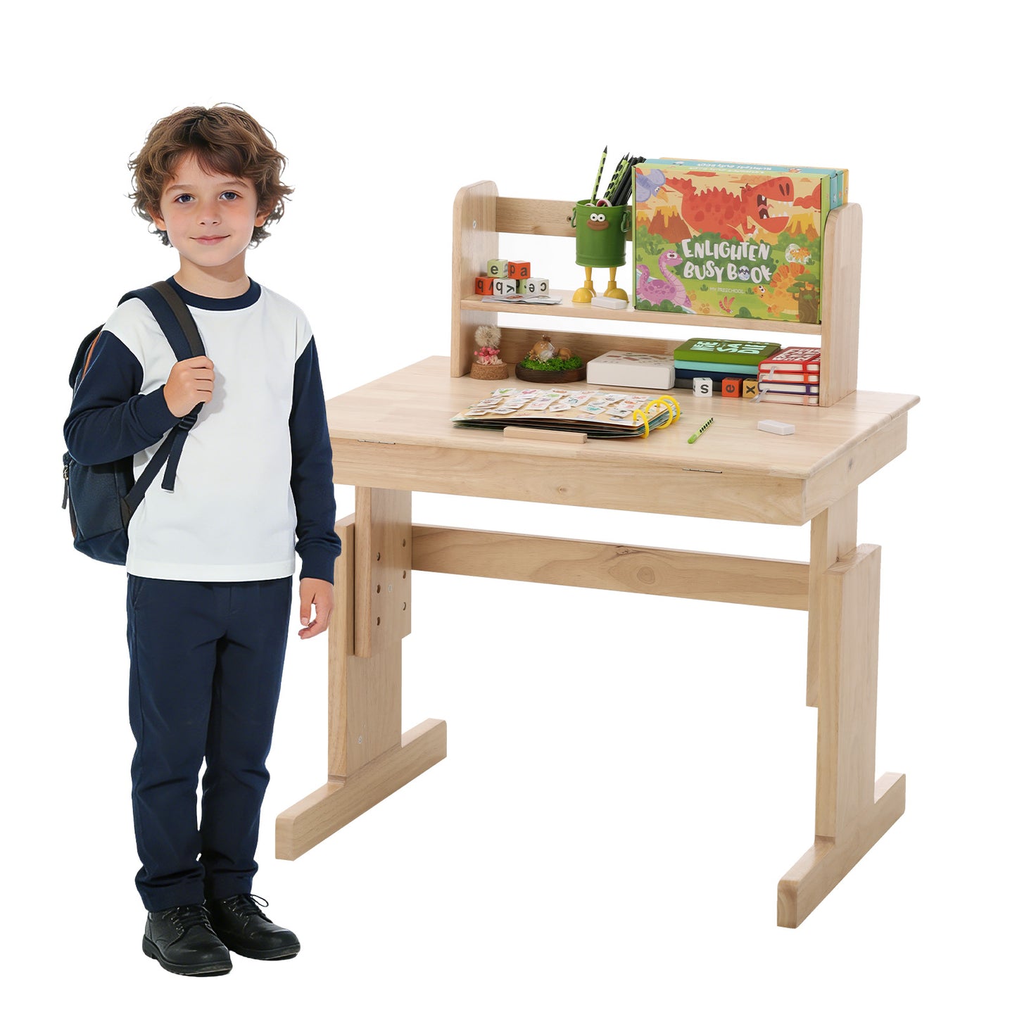 Children's Table, Height-Adjustable Solid Wood Multifunction Desk For Kids, Folding Table Top, Bookend, Safety Certified, For Kids 6 Years And Up