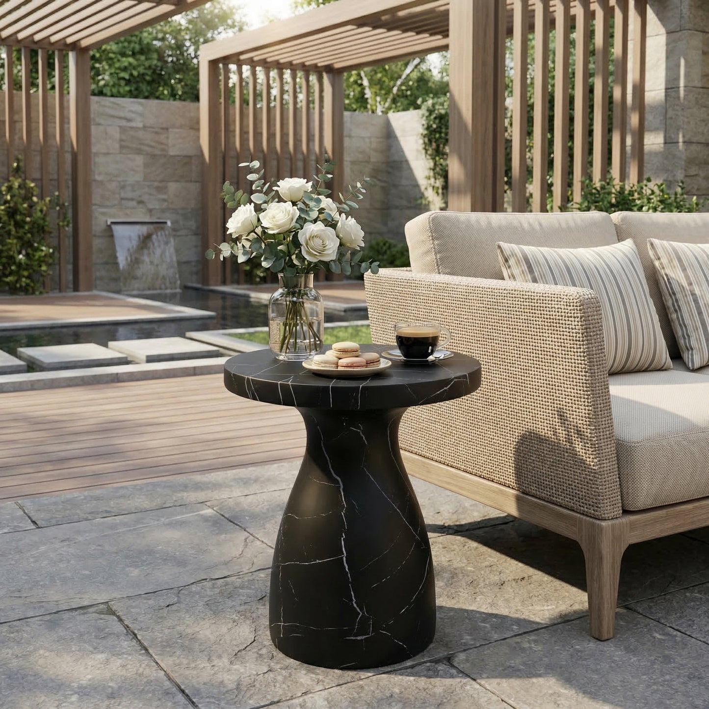 Outdoor Travertine MGO Side Table,Light Weight Concrete End Table,Black Marble Effect
