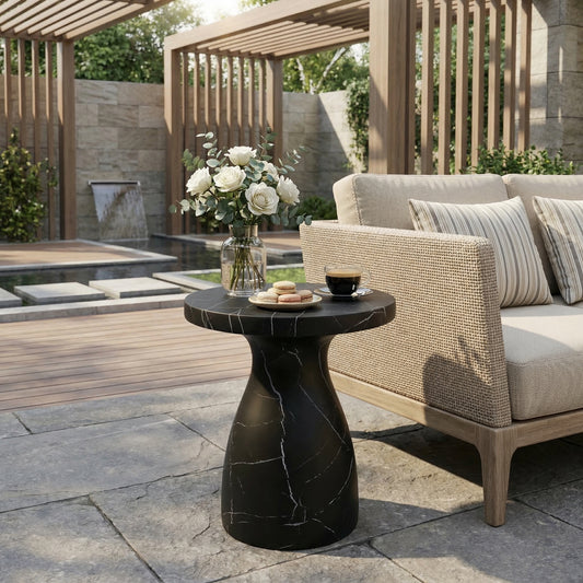 Outdoor Travertine MGO Side Table,Light Weight Concrete End Table,Black Marble Effect