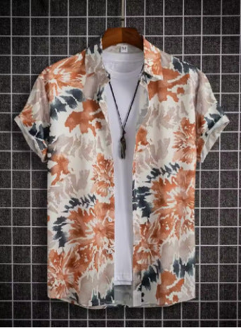 Retro-printed Short-sleeve Lapel-button Fashion Casual Jacket Shirt