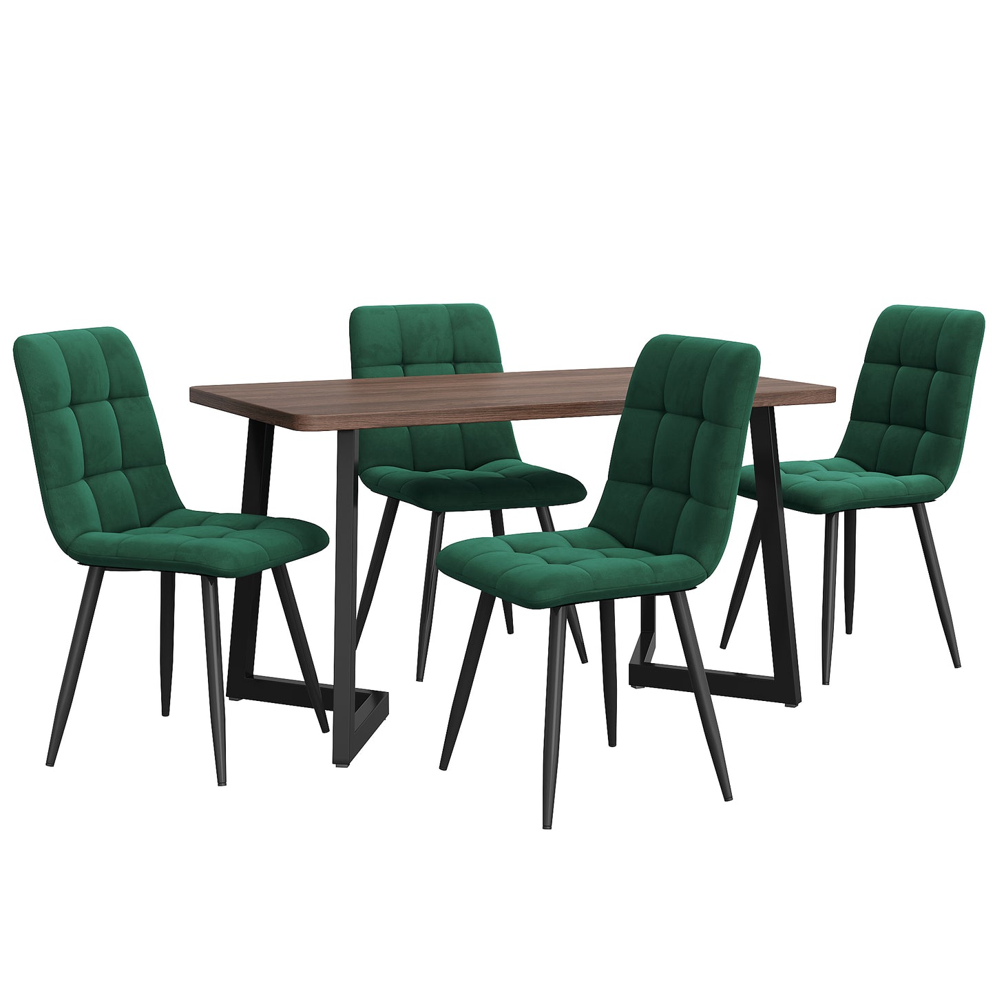 5-Piece Dining Set Table And 4 Chairs, Modern Kitchen Table Set, Kitchen Table With Wood Grain Finish And Black Metal Legs, Walnut-Colored MDF Tabletop, Dark Green Velvet Dining Chairs