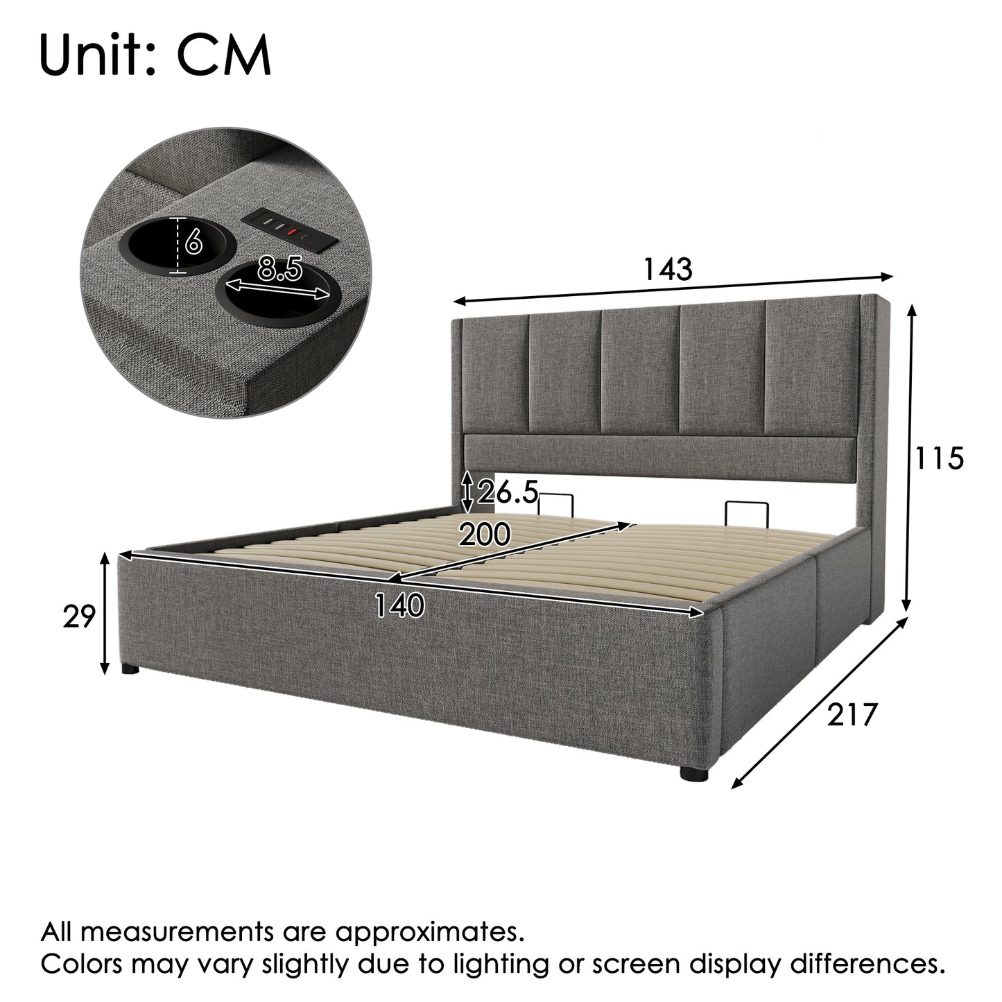 Upholstered Bed 140x200 Cm, Double Bed With Hidden Cup Holder & Charging Station, Hydraulic Bed With Storage Space Under The Bed, Incl. Slatted Frame, Linen Grey  Without Mattress