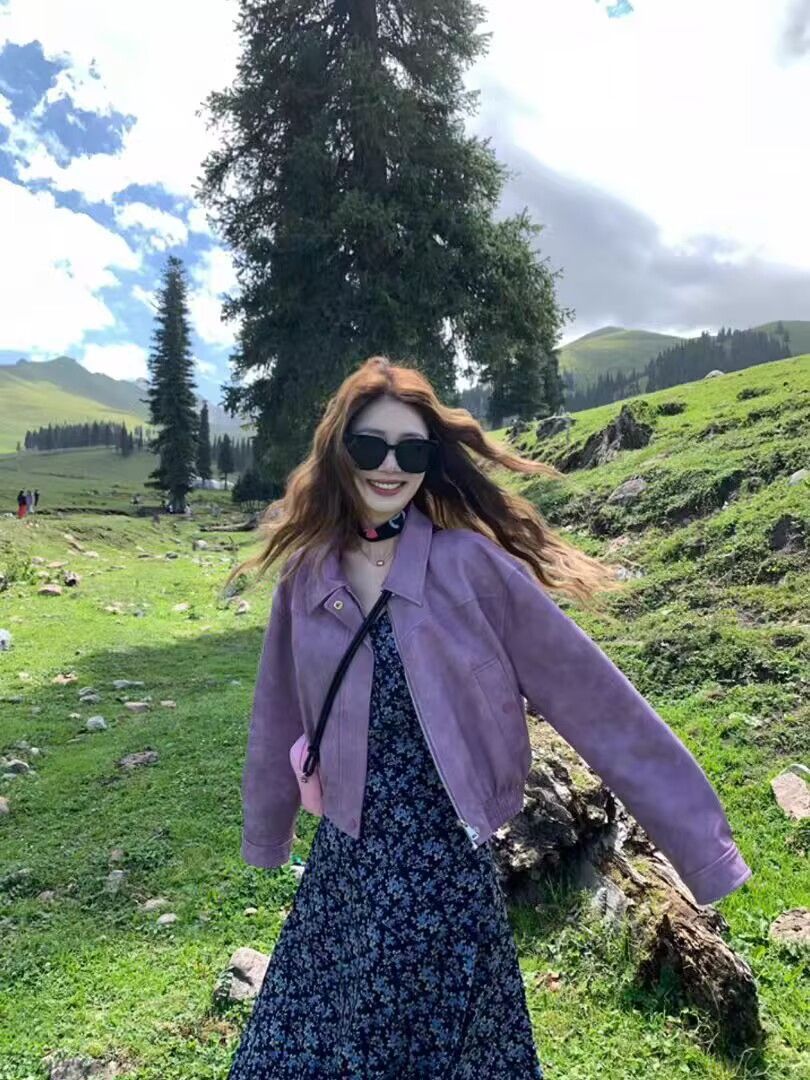 Small Korean Style Loose Purple Leather Coat