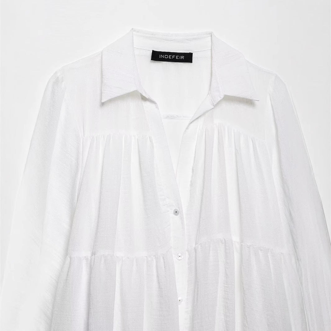 Summer Fashion V-neck Layered Patchwork Short-length Long-sleeve Loose-fitting Dress