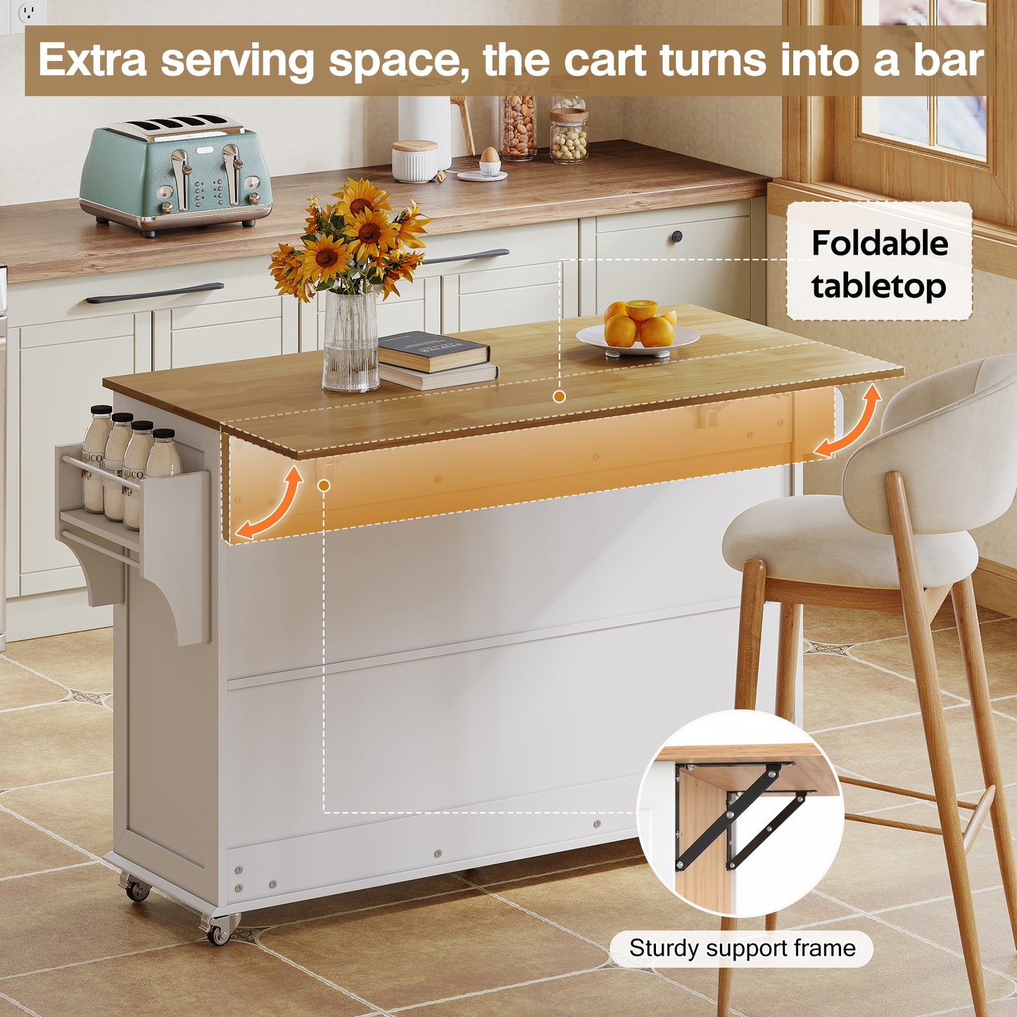 Kitchen Island With Foldable Countertop,  5 Lockable Wheels, 4 Doors, 3 Drawers, Door Shelf, Storage Racks, Towel Holder, Barn Style Design, White, 140x43 70 X90.5 Cm