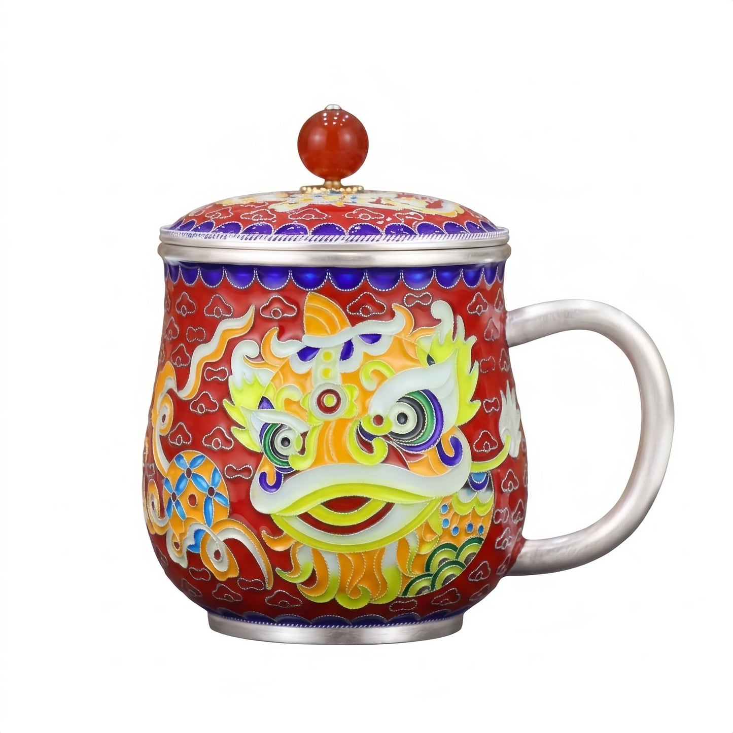 Pure 999 Fine Silver Exquisite Traditional Lion Dance Enamel Tea Mug with Lid and Silver Finish - Handicraft