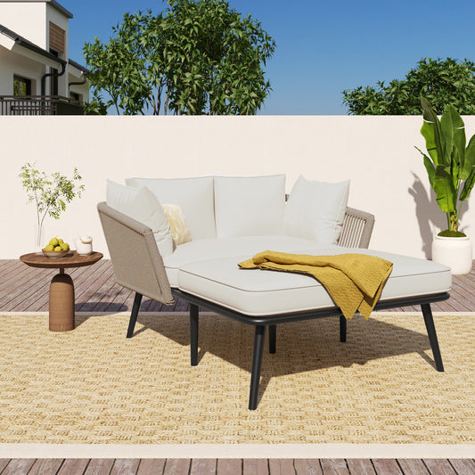 Garden Sofa With 2 Cushions And 2 Cushions,outdoor Sun Lounge, Garden Lounge, Balcony Furniture Set, Lounge Furniture, Terrace Furniture,cushions Are Removable And Washable,beige Fabric  Khaki Rope